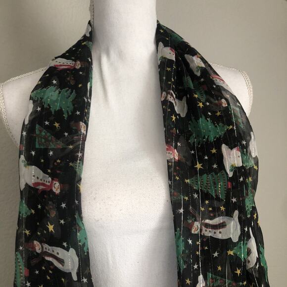 Cejon Christmas Tree Snowman Scarf Wrap Oversized Chiffon Black Silver #MQ25 - Picture 4 of 7